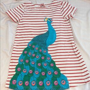 Gorgeous Mini Boden Red and White Striped Dress with Peacock Design size 4-5